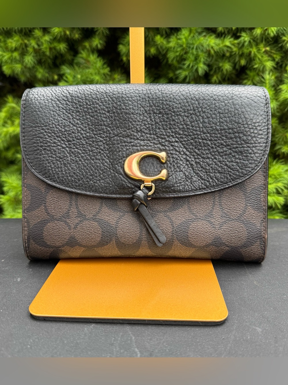Coach Remi Black and Brown Signature Leather Crossbody with Chain